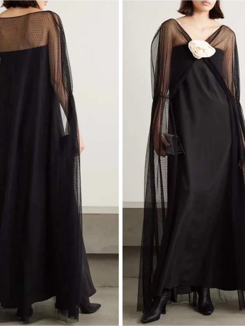 BERNADETTE Delphine Floral Appliqué Silk Crepe Sheer Cape Black Maxi Dress Sz 10